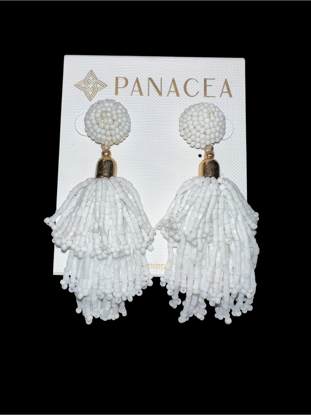 Panacea Cache White Beaded Tassel Drop Earrings with Gold Accent